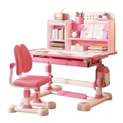 Image of Qiebenav Premium Kids Study Desk Chair Set, Height Adjustable Children School Table Ergonomic with Large Writing Board, Bookshelf and Drawer Pink Tilt Correction