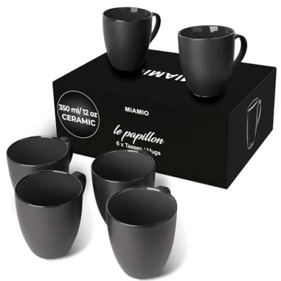 Image of MIAMIO 6 x 350 ml Stoneware Coffee Mug/Cup Set Le Papillon Collection (Black)