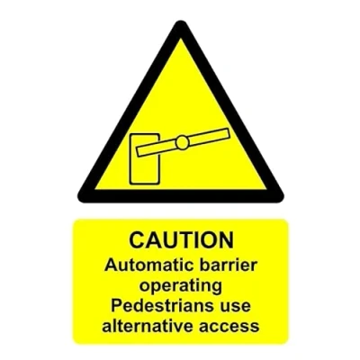 Image of Automatic barrier operating no access to pedestrians safety sign Self adhesive sticker (300mm x 200mm)