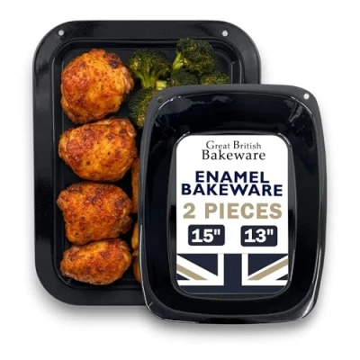 Image of Samuel Groves UK Made Vitreous Enamel Roasting Tin Baking Tray Pans Set 37cm/33cm/28cm (33cm &amp; 37cm Set)