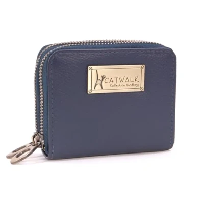 Image of Catwalk Collection Handbags Ladies Small Leather Zip Purse Women&#039;s Wallet Coin with 13 Card Slots RFID Protection ISLA Blue