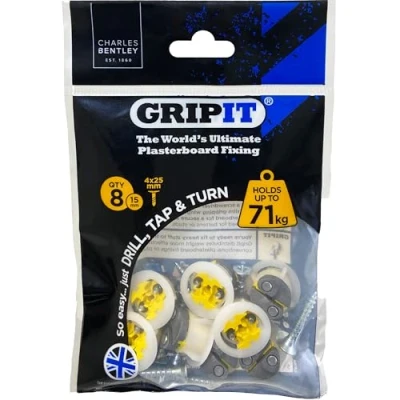 Image of Gripit Yellow Plasterboard Fixings Pack of 8 Heavy Duty for Drywall &amp; Stud Walls, Holds Up to 71kg Ideal Blinds, Curtains, Mirrors Frames Easy Install UK Designed