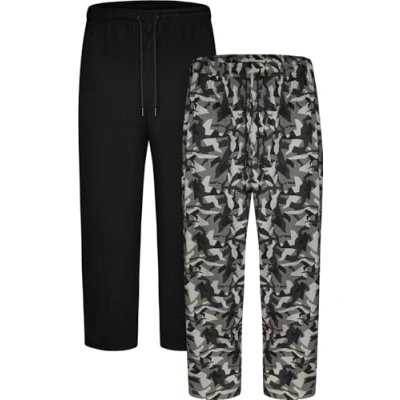 Image of KAM Mens Twin Pack Lounge Wear Pants Plain Camo Pattern Pockets Black 7XL 873