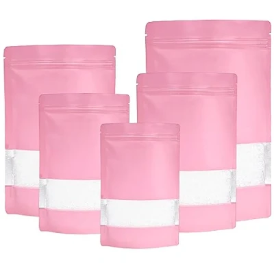 Image of 100pcs Mylar Bags Stand up,Resealable Ziplock With Window,Pink Smell Proof Bag Aluminum Foil Pouches,Reusable Baggies Heat Seal Packaging for Food Storage (10x15cm 100 pcs, Pink)