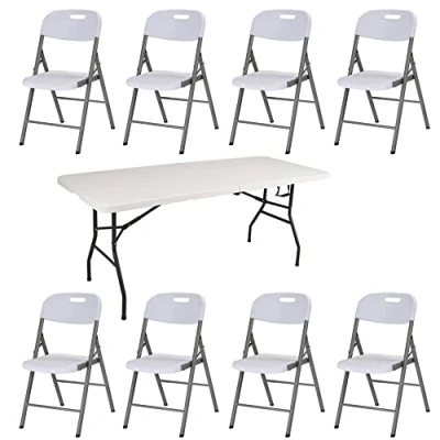 Image of 6ft Folding Table Plastic Heavy Duty Trestle for Garden Patio BBQ Picnic Party Dining Camping Catering Market White with Carrying Handle Option of Matching chairs (8 x Chairs)