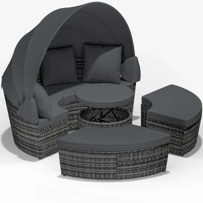 Image of CASARIA® 185cm Garden Sun Island Lounger Set with Roof Canopy &amp; Telescopic Table Weatherproof Polyrattan 2 Person Relax Sunlounger Furniture Outdoor Balcony Patio Deck Grey/Anthracite