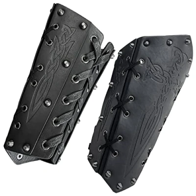 Image of HiiFeuer Medieval Embossed Arm Bracers, Retro Faux Leather Knight Gauntlets, Vintage Guards(Black B)