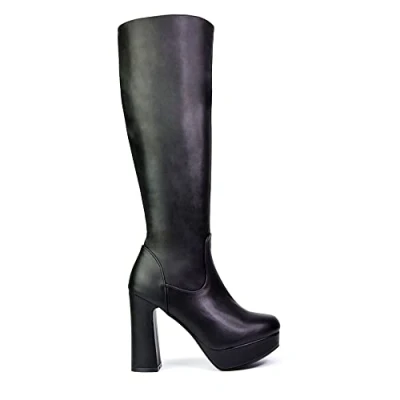 Image of ESSEX GLAM Womens Knee High Boots Ladies Block Heel Platform Black Synthetic Leather Winter Shoes Size 3