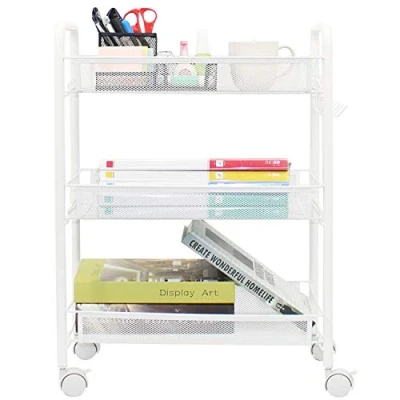 Image of OVICAR Mesh Wire 3 Tier Rolling Cart, Kitchen Storage Utility Multifunction Basket Stand for Bathroom, Full Metal Art Trolley Carts with Wheels &amp; 4 Side Hooks (White)