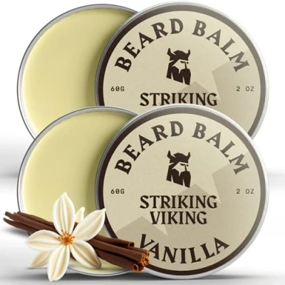 Image of Striking Viking Beard Balm for Men Light Hold, Vanilla, 2 Oz, Pack of Leave in Conditioner with Shea Butter, Tea Tree, Argan &amp; Jojoba Oil Shape Moisturize Coarse, Dry Facial Hair
