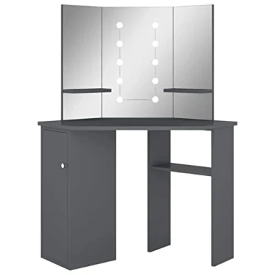 Image of vidaXL Modern Corner Dressing Table with LED Bulbs and 3 Panel Mirror, Storage Space, Grey, 111x54x141.5 cm