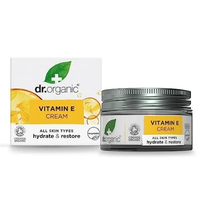 Image of Dr Organic Vitamin E Cream, Hydrating, All Skin Types, Natural, Vegan, Cruelty Free, Paraben &amp; SLS Plastic Recycled Recyclable, Certified Organic, 50ml, Packaging may vary