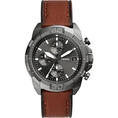Image of Fossil Watch for Men 44 mm Bronson, Quartz Chronograph Movement, Smoke Stainless Steel Case with a Leather Strap, FS5855