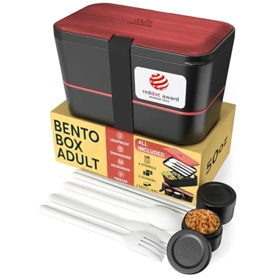 Image of Umami Premium Bento Box Adult, Nestable Space Saving Lunch Containers w/ 4 Utensils, 2 Sauce Jars, 100% Leakproof, Microwavable for Adults, Red Dot Design Award Winner
