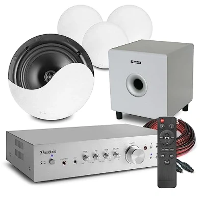 Image of Power Dynamics Audizio 2.1 Bluetooth Ceiling Speaker TV System with 4x NCSS6 Speakers, 8&quot; White Subwoofer and AD220A Amplifier
