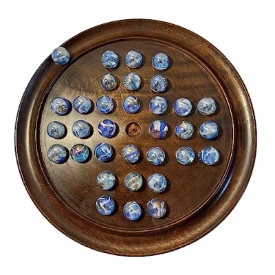 Image of 30cm Diameter wooden solitaire board game with VAPOUR GLASS MARBLES classic strategy family games for one