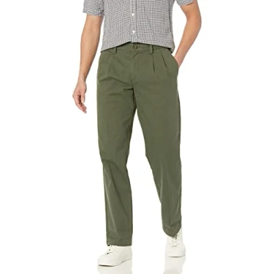 Image of Amazon Essentials Men&#039;s Classic Fit Wrinkle Resistant Pleated Chino Trouser (Available in Big &amp; Tall), Olive, 32W / 30L