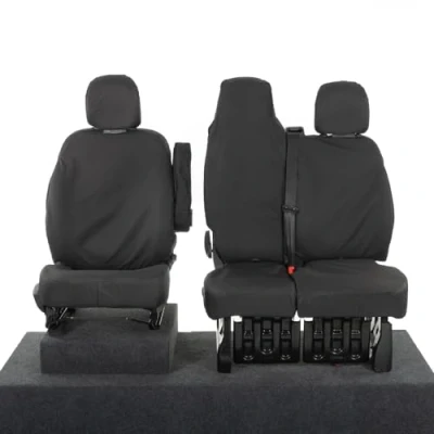 Image of UK Custom Covers SC147BAD27 Tailored Heavy Duty Waterproof Front Seat (WITH Folding Middle Seat) Black To Fit Nissan Primastar Tekna 2022 Onwards