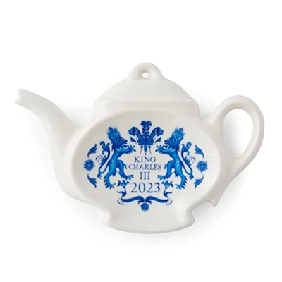Image of Portmeirion Home &amp; Gifts Spode King Charles III Coronation Tea Bag Tidy, Blue White Pattern UK made, 14cm x 10cm