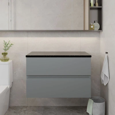 Image of Hudson Reed URB206LSB Urban Modern Bathroom Wall Hung Vanity Unit with 2 Soft Close Drawers and Sparkling Black Worktop, 800mm, Satin Grey