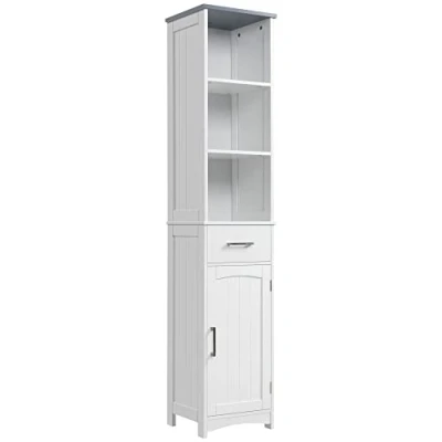 Image of kleankin Tall Bathroom Storage Cabinet with 3 Tier Shelf, Cupboard, Drawer, Door, Freestanding Linen Tower, Slim Side Organizer, White