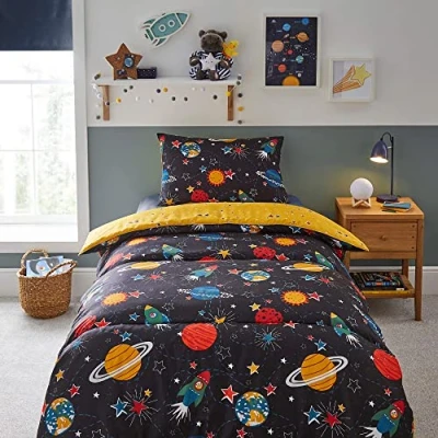 Image of Silentnight Healthy Growth Single Coverless Duvet Space Quilt Comforter with Matching Pillowcase and Reversible Design Machine Washable Hypoallergenic Blue 200 x 135cm