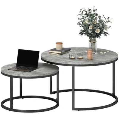 Image of HOMCOM Nest of Tables, Round Coffee Table Set 2, Tables with Steel Frame for Living Room, Cement Grey