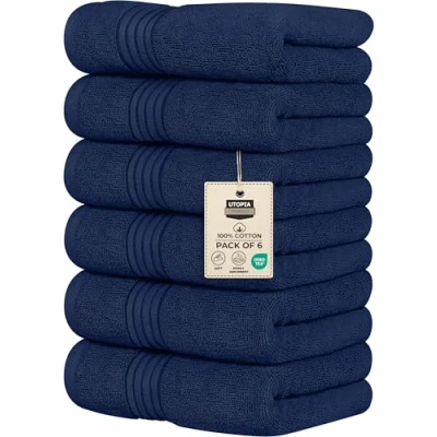 Image of Utopia Towels Premium Hand 100% Combed Ring Spun Cotton, Ultra Soft and Highly Absorbent, Exrta Large Thick 41 x 71 cm, Hotel &amp; Spa Quality (6 Pack) (Navy)