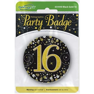 Image of OakTree 3&quot; Badge 16th Birthday Sparkling Fizz Black Gold Holographic