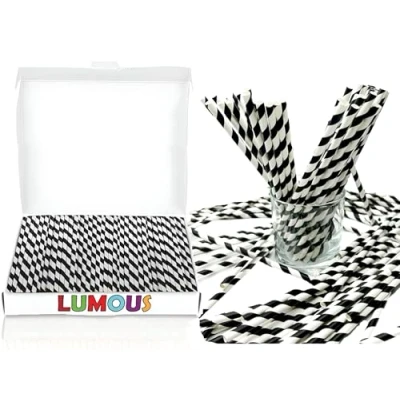 Image of LMS Paper Straws 150 Pack, Drinking Bio Degradable Wedding Party, Party Straws, Restaurant, Juice (Black Stripes Pcs)