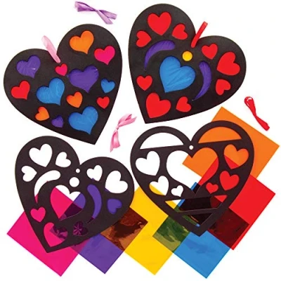 Image of Baker Ross AT551 Heart Stained Glass Effect Decoration Kits Pack of 6, Creative Valentine&#039;s Day Art and Craft Supplies for Kids to Make Decorate