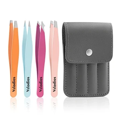 Image of Velodios Tweezers for Women and men, Professional Precision Eyebrows, Pointed Slant Facial Hair, Splinter Ingrown Hair Removal, Stainless Steel Set 4Pack