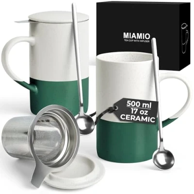 Image of MIAMIO Tea Cup Set 2 x 500 ml with Infuser and Lid/Ceramic Mug Spoon for Steeping Loose Leaf Tea, Gifts Lovers Microwave &amp; Dishwasher Safe (Dark Green)
