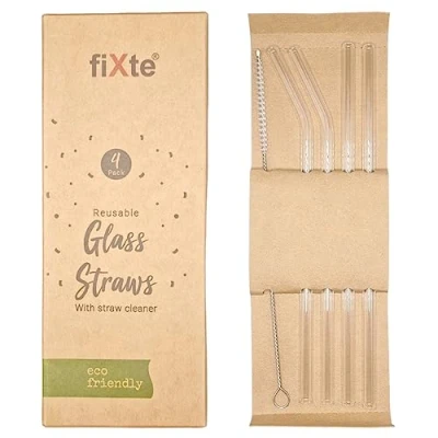 Image of fiXte Reusable Glass Drinking Straws with Cleaning Brush Eco Friendly Party Summer Use Birthday Smoothie Milk Shake Clear Water Juice Straw Hot and Cold Drinks (Pack of 4), FXT68740