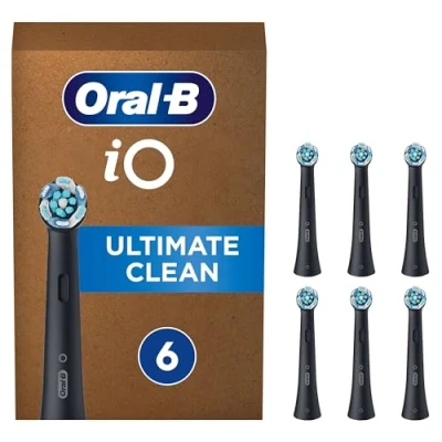 Image of Oral B iO Ultimate Clean Electric Toothbrush Head, Twisted &amp; Angled Bristles for Deeper Plaque Removal, Pack of 6 Heads, Suitable Mailbox, Black