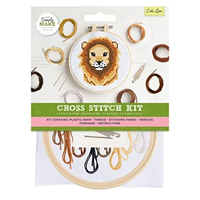 Image of Simply Make Cross Stitch Kit Cute Lion Design for Kids and Adults, Including Hoop, Embroidery Thread, Fabric Needle Perfect Adult Crafts Beginners Starter Craft