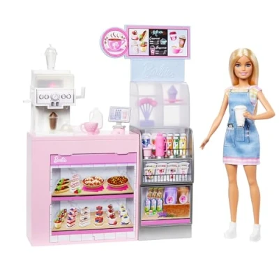 Image of Barbie Coffee Shop Playset with Blonde Barista Doll &amp; 12+ Accessories Including Smoothie Maker, Food, Cups More, HXN94