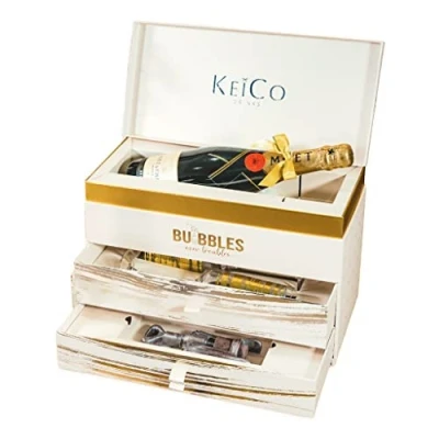 Image of KeiCo 75cl Moet Champagne Luxe Gift Box Hamper with 2 Gold Flutes and Solid Chocolate Corkscrew, Corporate For Clients or Employees (Gold)