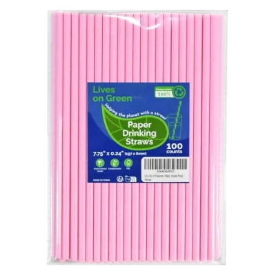 Image of Lives on Green Solid Pink Disposable Paper Straws 19.7cm Pack of 100 for Party, Cocktails, Cake Pops, Bars, Restaurants