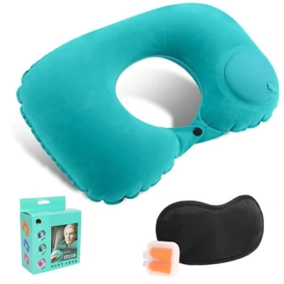 Image of Inflatable Travel Pillow,Travel Pillow for Neck,1 Pair Ear Plugs and 1 Pcs Blindfold Adjustable,Comfortable Neck Head Support Plane Cars Trains, Soft Flight Cushion Sleeping