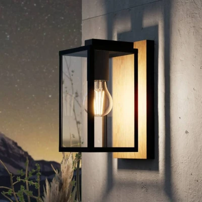 Image of Eglo Outdoor Wall lamp Budrone, Outside Porch Lighting, Vintage Made of Metal in Black and Wood Look, Glass Transparent, E27 Socket, IP44