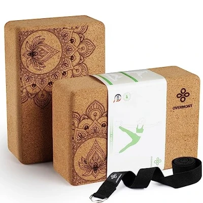 Image of Overmont Cork Yoga Blocks 2 pack with 8ft Strap Set Natural Bricks High Density &amp; Eco Friendly Accessories for Women Ideal Pilates General Fitness and Stretching 9x6x3&#039;&#039;