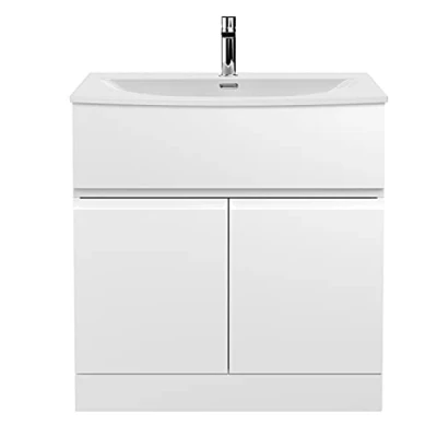 Image of Hudson Reed URB105G Urban Modern Bathroom Floor Standing 2 Soft Close Doors and 1 Drawer Vanity Unit with Round Ceramic Basin 30mm Profile, 800mm, Satin White
