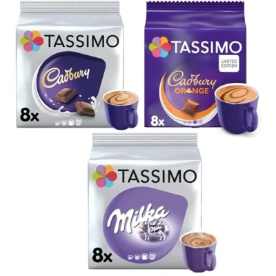 Image of Tassimo Hot Chocolate Selection Cadbury/Milka/Cadbury Orange Pods (Pack of 3, Total 24 Capsules)