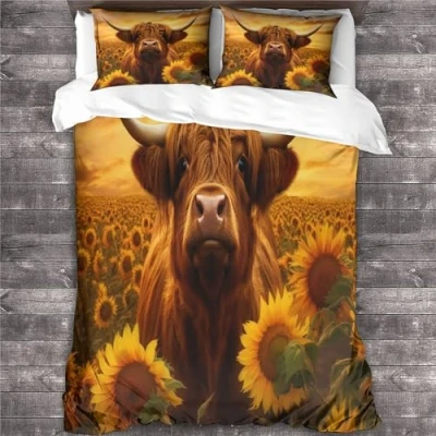 Image of REIPOL Highland Cow Duvet Cover Bedding Set,3D 3BS Comforter with Pillowcases, Soft Microfiber Quilt Zipper Closure 3 Piece Set for Kids Teens Adults King（220x240cm）