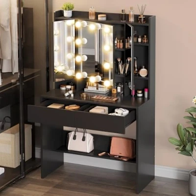 Image of YITAHOME Black Dressing Table with Mirror, Vanity Lights Adjustable Brightness, Bedroom Tables Drawers and Open Shelves, Makeup Desk