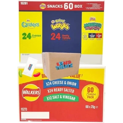 Image of Walkers Crisps Mega Bundle Of 120 Bags Cheese Onion Ready Salted Salt&amp;Vinegar Quavers Baked Wotsits Monster Munch Party Boxed Treatz