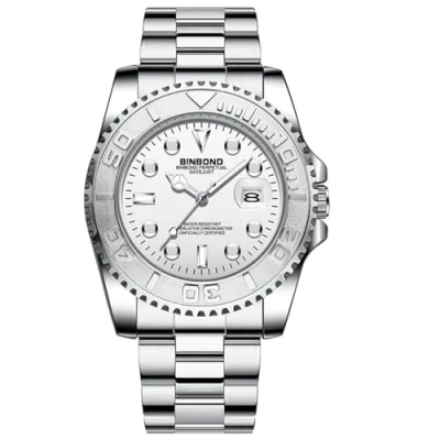 Image of JewelryWe Men Luminous Analog Watch: 3 ATM Waterproof Stainless Steel Quartz Chronograph Movement Date Calendar Dial Rotatable Bezel Wrist Watch
