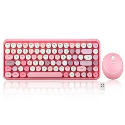 Image of Perixx PERIDUO 713 Wireless 2.4 GHz Cute Keyboard and Mouse Combo, Retro Round Key Caps, UK Layout, Pastel Pink