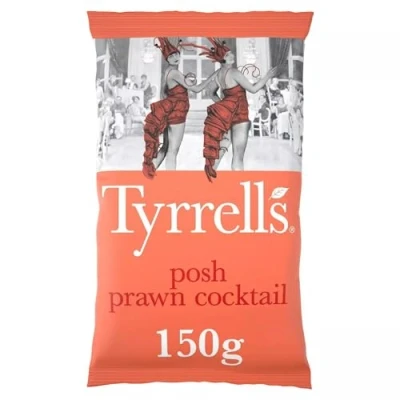 Image of Tyrrells Crisps POSH PRAWN COCKTAIL 150g Sharing Bag Hand cooked &amp; spun for an exquisite fresh taste. No artificial ingredients (No flavour, colours or MSG)